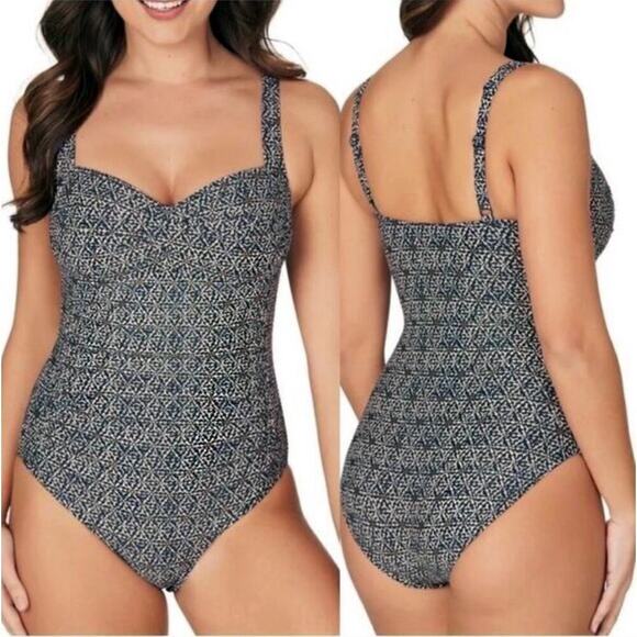 Bond-Eye Australia Nip Tuck Tummy Control Navy Gold Print Swimsuit 12 D/DDD - Picture 1 of 16